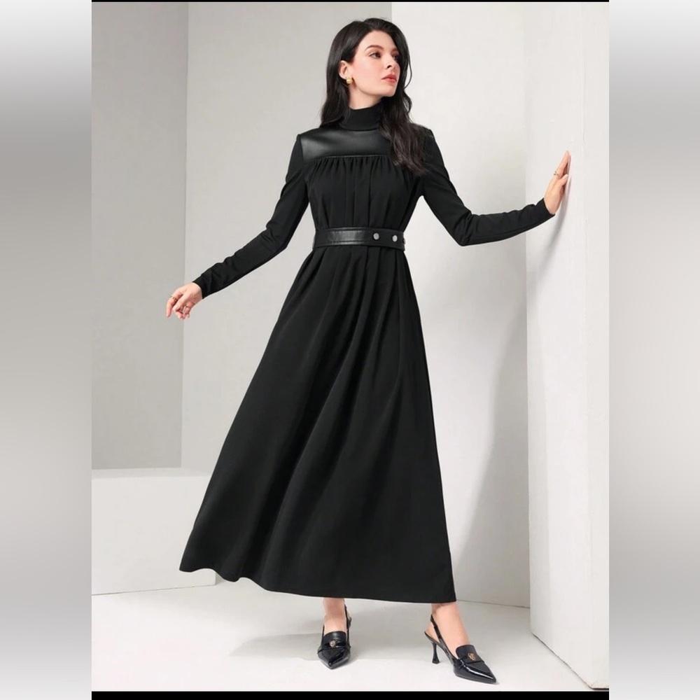 SHEIN black Modelyn High Neck PU Leather Yoke Belted Modest Long Sleeve Dress S
